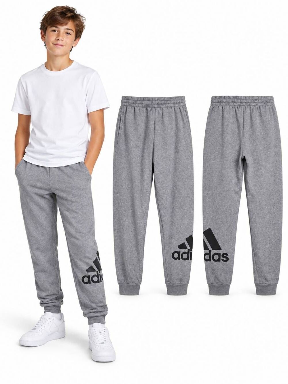 Adidas Boys Youth Gray Joggers Size XL 14/16 Logo Sweatpants Stretch Cuff